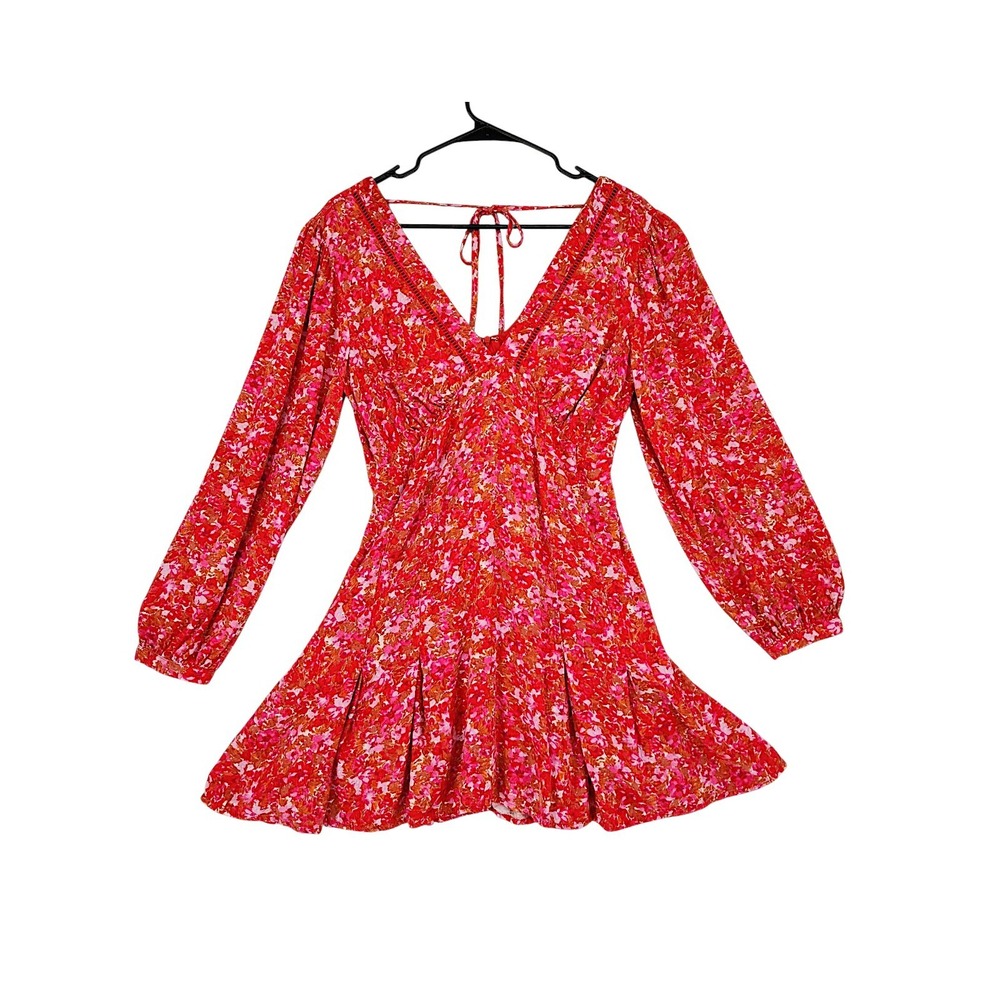 Lost + Wander Mini Dress M Petal Patch Red Floral Long Sleeve V-Neck Boho Fairy